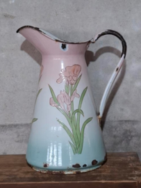 Oude Antieke Franse Emaille Waterkan Kan Bloemen Irissen