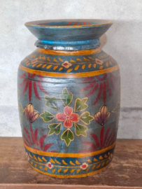 Oude Vintage Houten Indiase Waterkruik Handbeschilderd