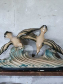 Oud Antiek Art Deco Schouwbeeld Beeld Vogels Meeuwen