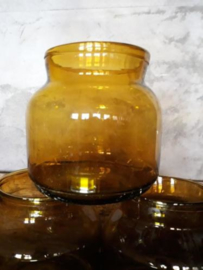 Oude Vintage Glazen Vaas Oker Amber Glas Dubbelgeslagen Rand