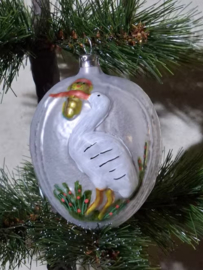 Oude Antiek Vintage Kerstbal 10019B Ooievaar met Baby
