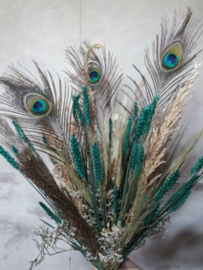 Gemengd Droogboeket Droogbloemen Bos Turquoise met Pauwenveer