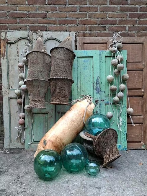 Oude Antiek Vintage Japanse Glazen Visnet Drijver XL Glad
