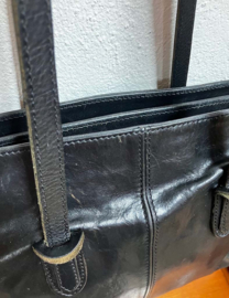 Zwart lederen schoudertas - Italiaans. Vintage schooltas / handtas / shopper