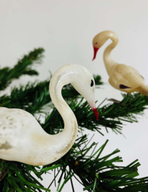 Glazen vintage kerstversiering - zwaan/ooievaar. Antieke vogel op knijpertje