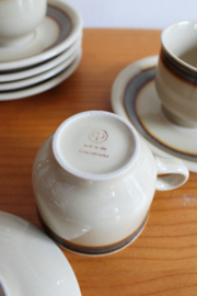 Aardewerk vintage servies, Colditz. Retro borden/kopjes en schotels