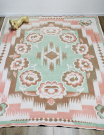 Roze / mintgroene wollen vintage deken. Retro sprei - 160 x 206 cm