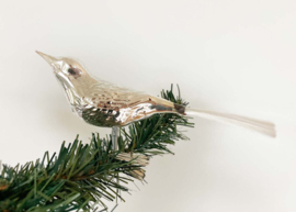 Glazen vintage kerstversiering - vogel met spriet staart.  Zilveren retro kerstbal
