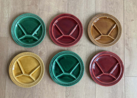 6 aardewerk vintage fondue borden. Set retro bordjes.