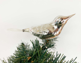 Glazen vintage kerstversiering - vogel met spriet staart.  Zilveren retro kerstbal