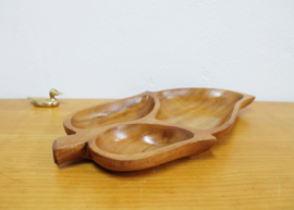 Houten vintage schaal in blad vorm. Boho bord met vakken / snackschaal