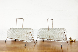 Set vintage onderzettertjes van glas in houder. 11 glazen onderzetters