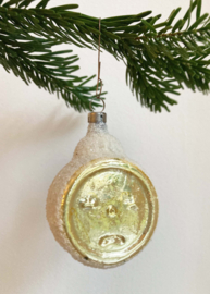 Glazen vintage kerstbal - wekker / klokje. Antiek zilveren kerstornament