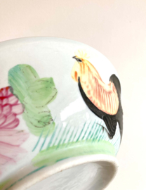 Chinese rijstkom met haan decor.  Aardewerk vintage schaal / rooster bowl / hanen kom