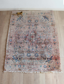 Handgeknoopt vintage tapijt met bloemen. Oosters Boho vloerkleed, verkleurd