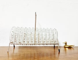Set vintage onderzettertjes van glas in houder. 11 glazen onderzetters