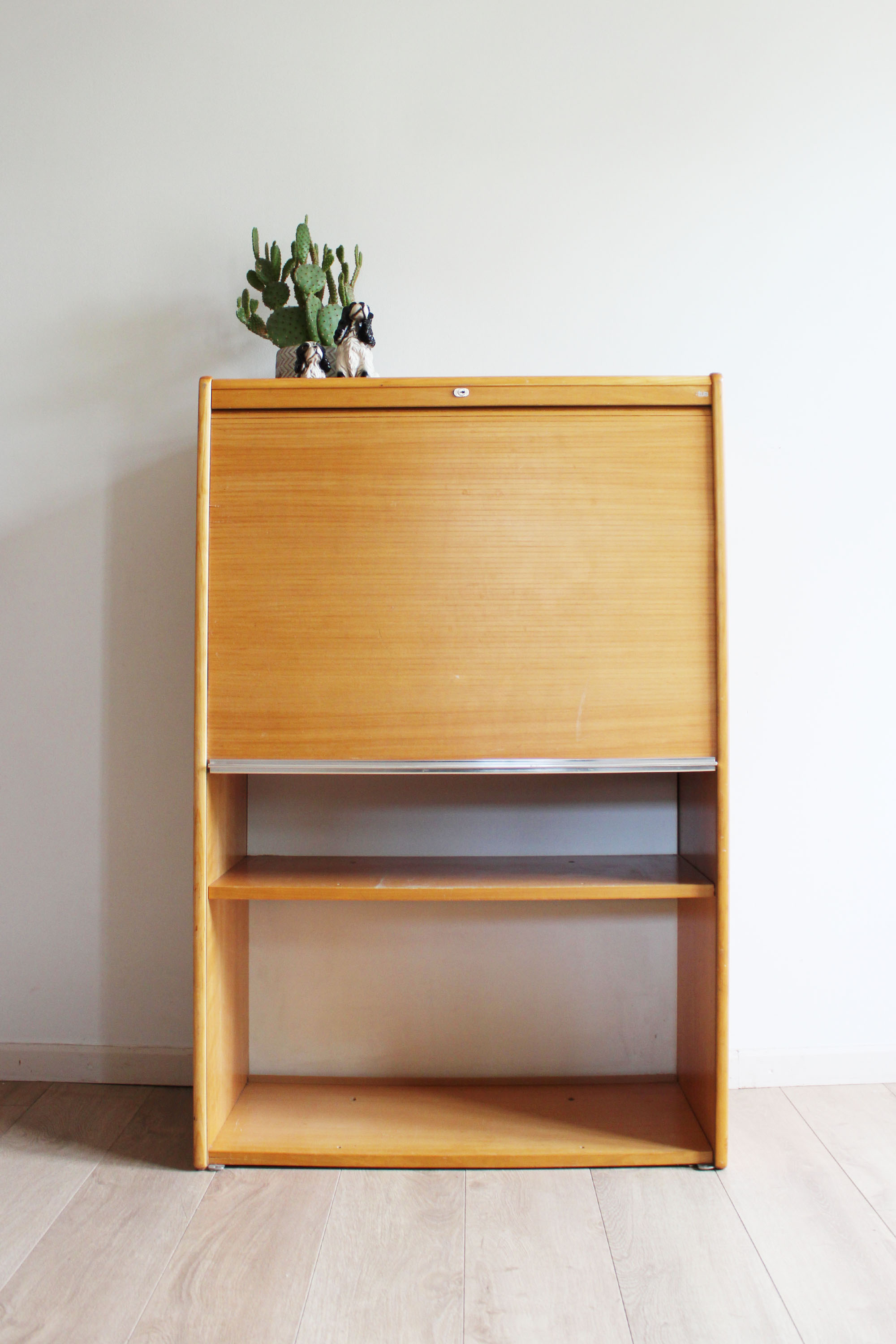 Vintage kast met roldeur. Houten retro school / archiefkast