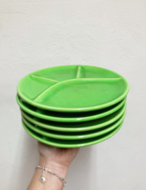 Grote set aardewerk vintage fondue borden. 11 groene retro bordjes