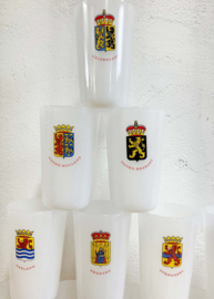 Set van 13 vintage glazen met Nederlandse provincies. Retro bekers van melkglas.