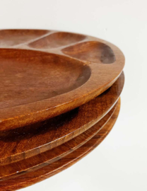 4 teakhouten vintage fondueborden. Set grote bruine retro borden