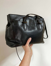 Zwart lederen schoudertas - Italiaans. Vintage schooltas / handtas / shopper