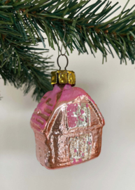 Goud / roze glazen vintage kerstbal - huisje. Retro kerstversiering/ ornament