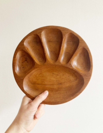 Set teakhouten vintage fondue borden. 2 bruine retro bordjes