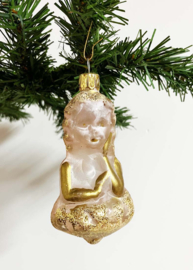 Glazen vintage kerstbal - engel. Retro kerstversiering met goud en glitters