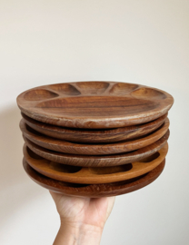 6 houten vintage fondueborden. Set bruine retro borden