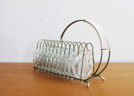 Set glazen vintage onderzettertjes in houder. 12 glazen onderzetters