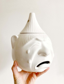 Witte vintage uienpot - huilend gezicht. Aardewerk retro pot, jaren 80