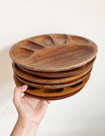 6 houten vintage fondueborden. Set bruine retro borden