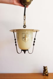 Antieke hanglampje met bronzen details. Glazen vintage lamp.