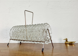 Set vintage onderzettertjes van glas in houder. 11 glazen onderzetters