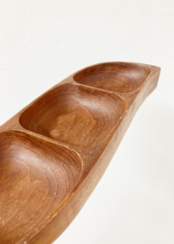 Houten vintage schaal in peul vorm. Boho bord met vakken / snackschaal