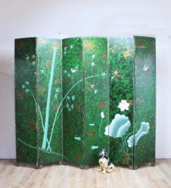 Groot kamerscherm in Art Deco stijl. Houten vintage roomdivider