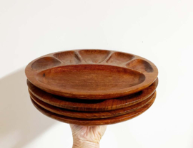 4 teakhouten vintage fondueborden. Set grote bruine retro borden