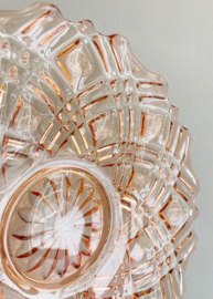 Glazen vintage schaal met vakverdeling, rosé. Art Deco bord van roze glas