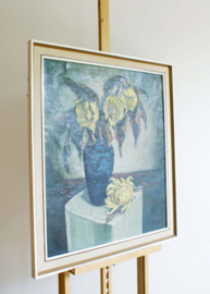 Groot expressief bloemstilleven in lijst. Olieverf schilderij op doek met chrysanten