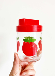 vintage voorraadpot met RODE appeltjes. Glazen retro pot, Gulf