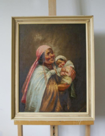 Origineel olieverf schilderij op board in vintage lijst. Groot portret - H. Moncayo