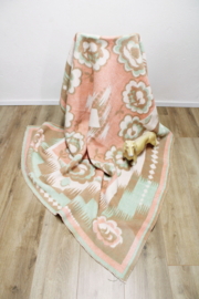 Roze / mintgroene wollen vintage deken. Retro sprei - 160 x 206 cm