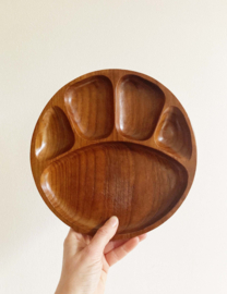 Teakhouten vintage fonduebord. Retro bordje / schaal met vakjes