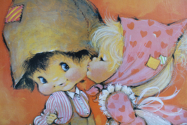 Oranje XXL retro poster op hout - kusje. Grote vintage prent met kindjes