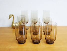 9 bruine vintage glazen- Luminarc.  Set rookglazen retro limonade / wijn glazen