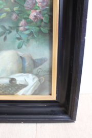 Grote religieuze print in zwarte lijst. Vintage prent, Maria met baby Jezus en engeltjes