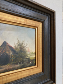 Klein schilderijtje van een boerderijtje + andere voorstelling. Olieverf schilderij op doek