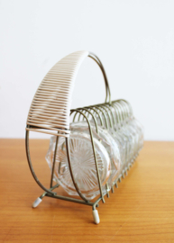 Set glazen vintage onderzettertjes in houder. 12 glazen onderzetters