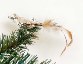 Glazen vintage kerstversiering - vogel met bruine staart.  Zilveren kerstbal