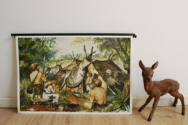 Groene vintage koffer met 18 geschiedenis schoolplaten. Retro lesmateriaal, met boekjes over de Nederlandse geschiedenis